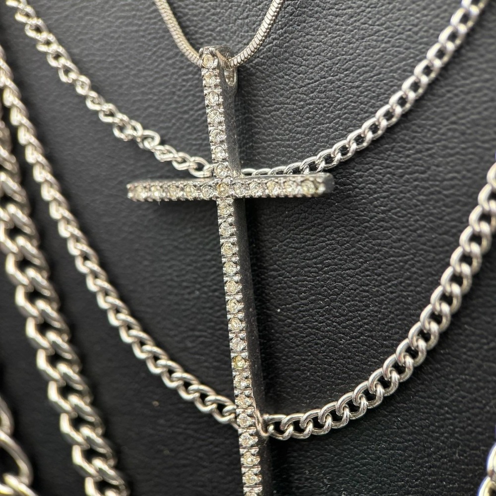 Vintage Rhinestone Encrusted Cross Charm Pendant Layered Chain Necklace Set - Picture 2 of 5